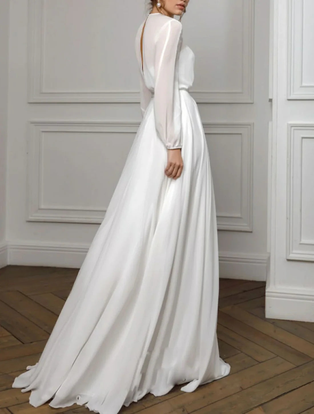 Luolandi A-Line Evening Gown Empire Dress Holiday Wedding Guest Floor Length Long Sleeve Illusion Neck Chiffon with Pleats